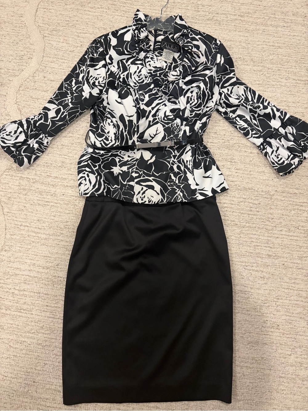Alex Evenings Black and White Floral Top with Black Pencil Skirt Set